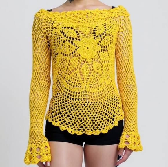 Vintage Yellow Crochet Long Sleeve Shirt Boho Festival Small - Picture 1 of 2